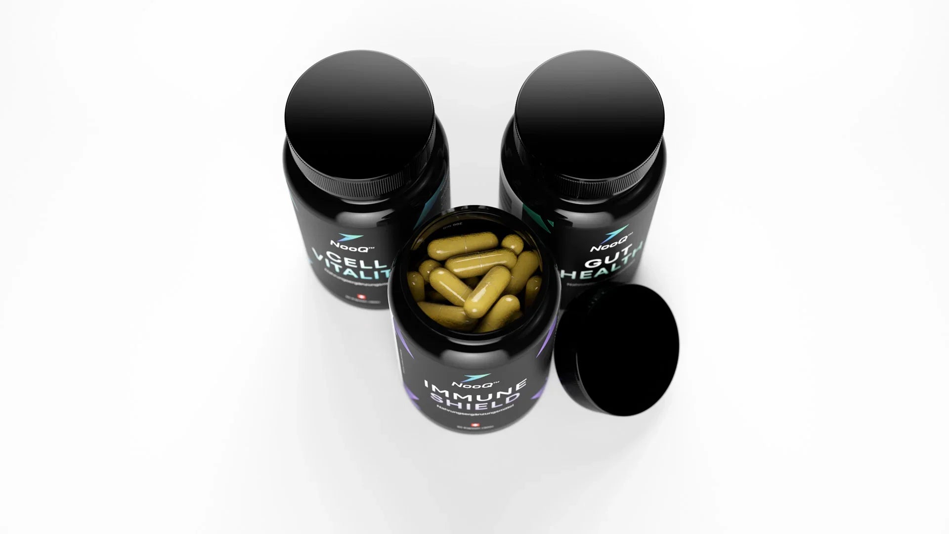 NooQ™ Nahrungsergänzungsmittel: Immune Shield, Cell Vitality & Gut Health Kapseln in schwarzen Flaschen