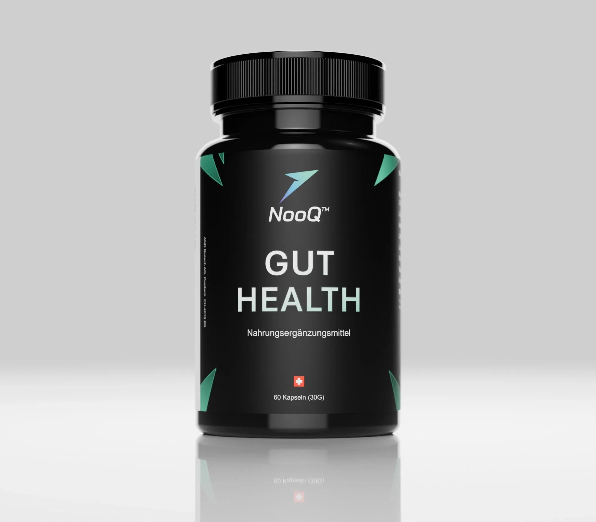 NooQ™ Gut Health Nahrungsergänzungsmittel, 60 Kapseln für Darmgesundheit, schwarz mit grünen Akzenten
